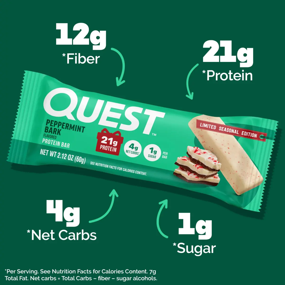 Quest Nutrition Peppermint Bark Protein Bar 12 Count | 21g Protein, 1g Sugar, 4g Net Carbs - view 2