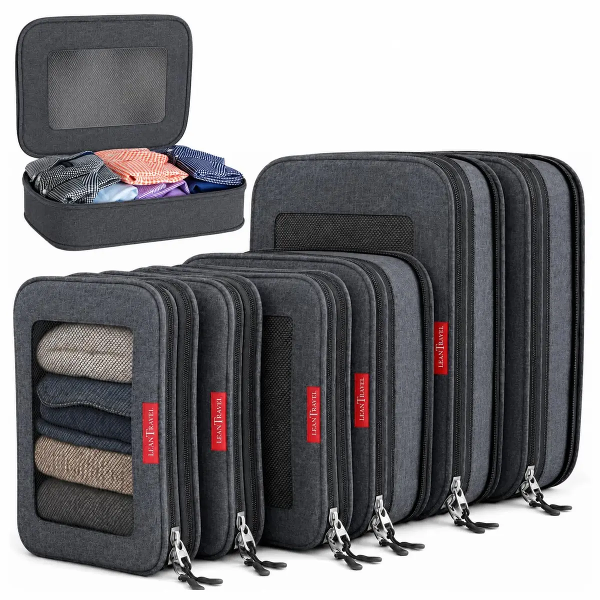 LeanTravel Premium Compression Packing Cubes for Travel - Suitcase Organizer Bags with Double Zipper & Breathable Mesh Panel - Space Saving Carry On Luggage Essentials (6-Pack, Black) - main product image