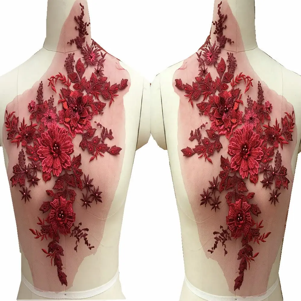 FEEPOP 1 Pair 3D Flowers Beaded Lace Applique 35x31cm | Perfect for Dresses & Decor - main product image