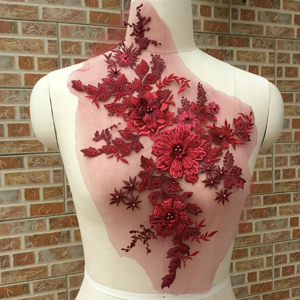 FEEPOP 1 Pair 3D Flowers Beaded Lace Applique 35x31cm | Perfect for Dresses & Decor - view 2