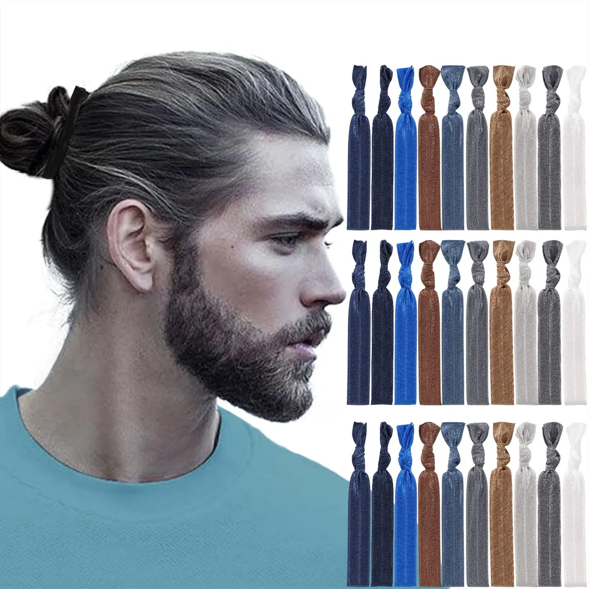 79STYLE 100pcs Men Hair Tie For Man Bun.Man Bands Hair Ties For Mens Long Hair Elastic Fabric Hair Ties Knotted Black Ribbons Knot Men's Ponytail Holders Guys (Black-100pcs) - main product image