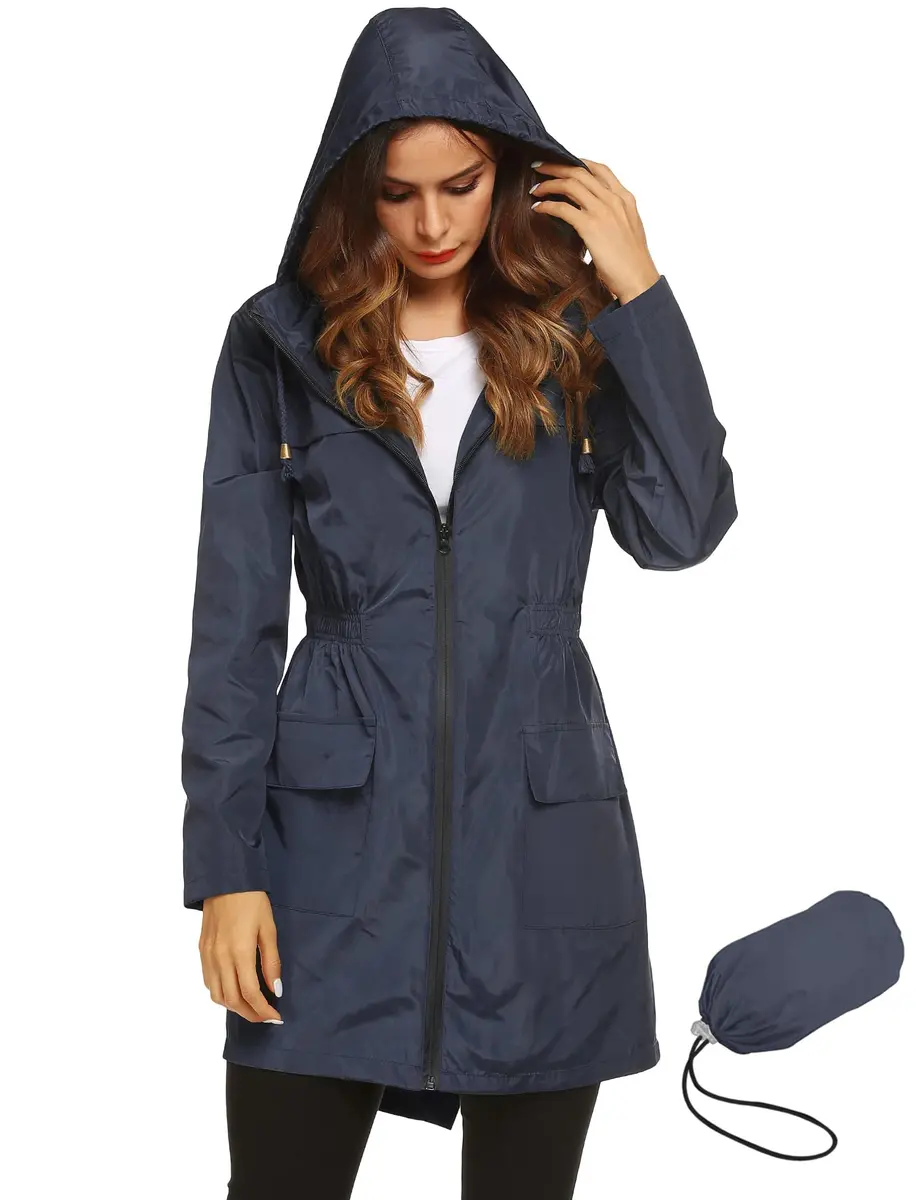 LOMON Women Waterproof Raincoat Hooded Lightweight Windbreaker Anorak Jacket Navy Blue S | Breathable, Windproof & Light - main product image