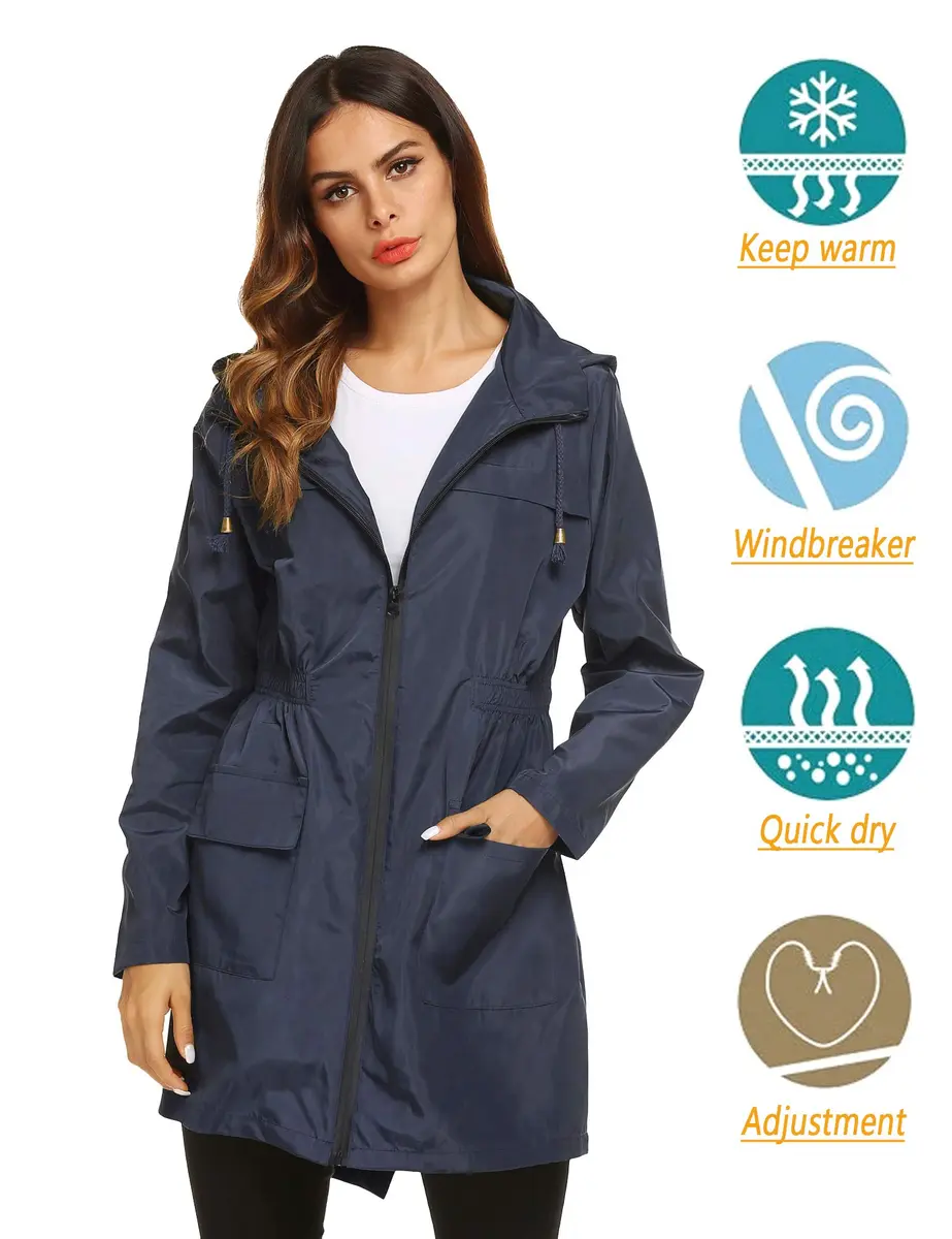 LOMON Women Waterproof Raincoat Hooded Lightweight Windbreaker Anorak Jacket Navy Blue S | Breathable, Windproof & Light - view 3