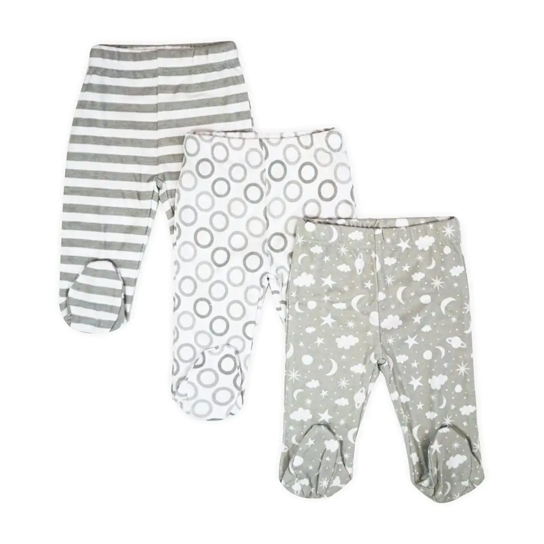 Spasilk Baby Cotton Pull on Footed Pants, 3 Pack Casual Leggings with Feet, Gray Celestial | Soft 100% Cotton Baby Pants for 3-9 Months - main product image