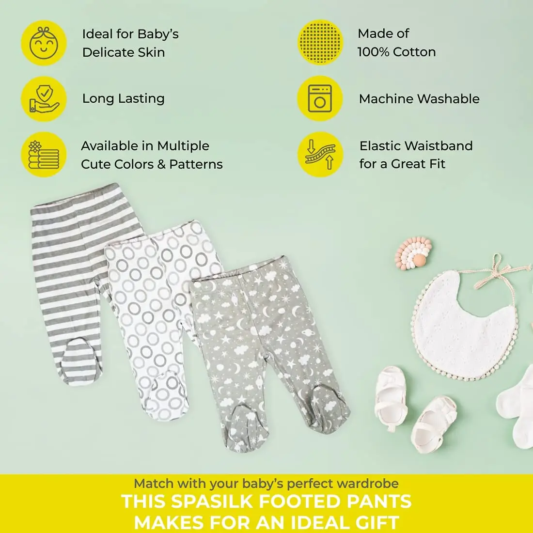 Spasilk 3 Pack Cotton Footed Pants for Baby Boy and Baby Girl | Unisex Newborn Baby Pants in 9 Months - view 7