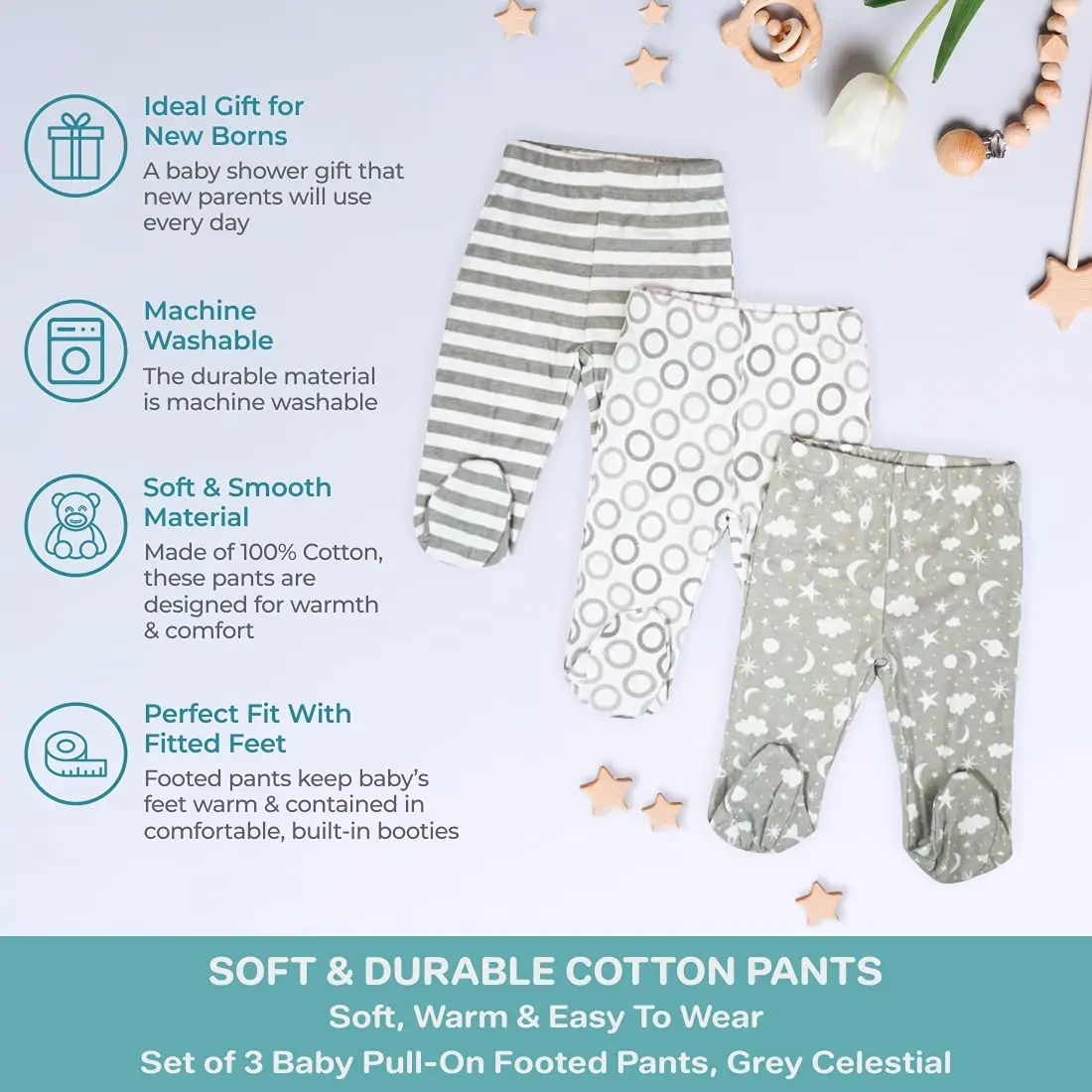 Spasilk 3 Pack Cotton Footed Pants for Baby Boy and Baby Girl | Unisex Newborn Baby Pants in 9 Months - view 4
