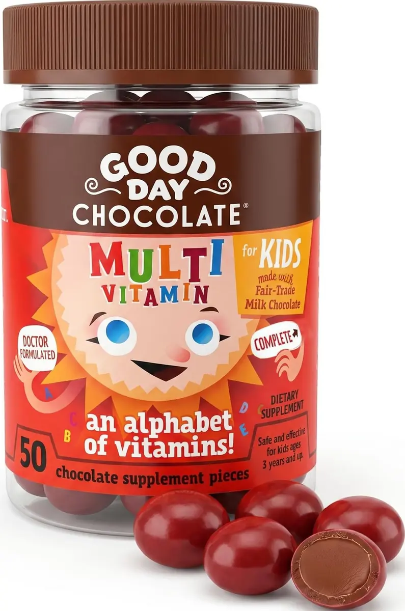 Good Day Chocolate Complete Multivitamin for Kids, 50 Pieces | Natural Chocolate Delivery of Vitamins A, B6, B12, C, D, E, Folate & Biotin - main product image
