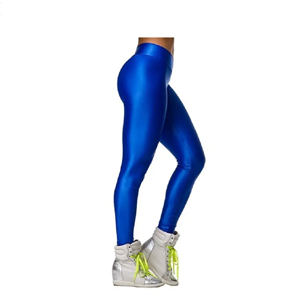 Hupplle Neon Stretch Skinny Shiny Leggings Pants (Blue, Large) | High Waist, Opaque & Comfortable - view 2