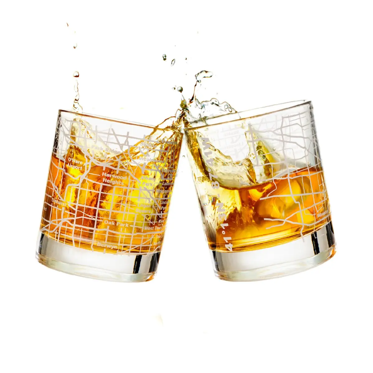 Greenline Goods Chicago Map Etched Whiskey Glass Set of 2 | 296ml (10 Fl Oz) Old Fashioned Rocks Glasses - main product image