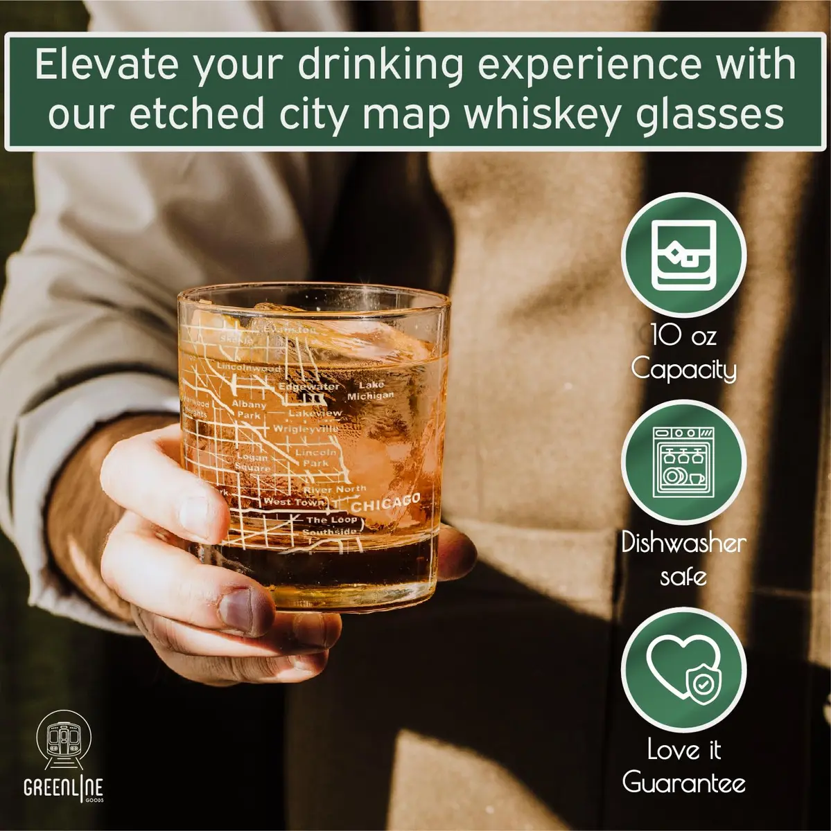 Greenline Goods Chicago Map Etched Whiskey Glass Set of 2 | 296ml (10 Fl Oz) Old Fashioned Rocks Glasses - view 5