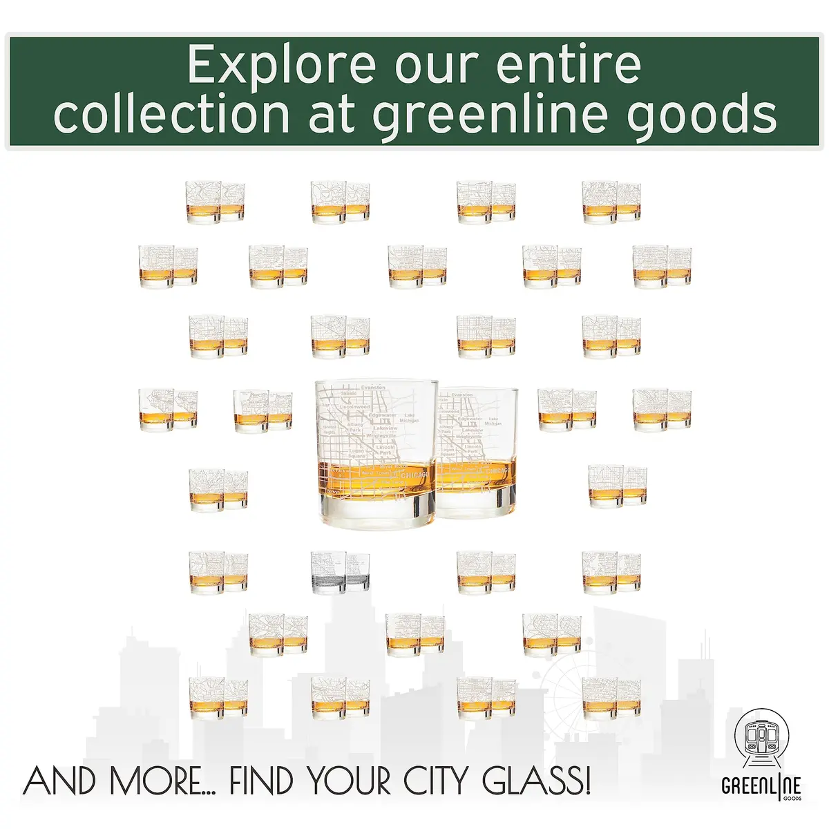 Greenline Goods Chicago Map Etched Whiskey Glass Set of 2 | 296ml (10 Fl Oz) Old Fashioned Rocks Glasses - view 6