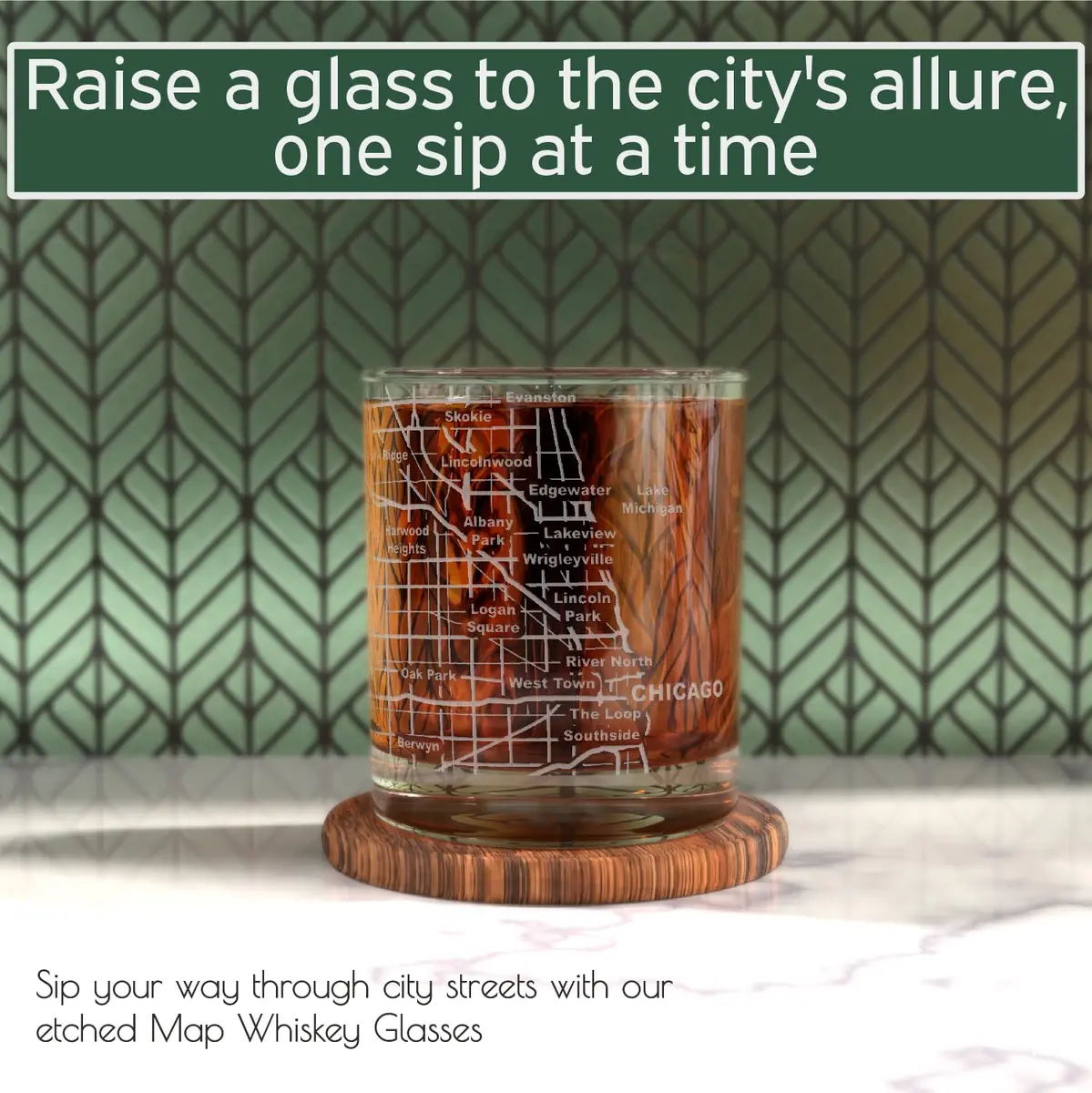 Greenline Goods Chicago Map Etched Whiskey Glass Set of 2 | 296ml (10 Fl Oz) Old Fashioned Rocks Glasses - view 2