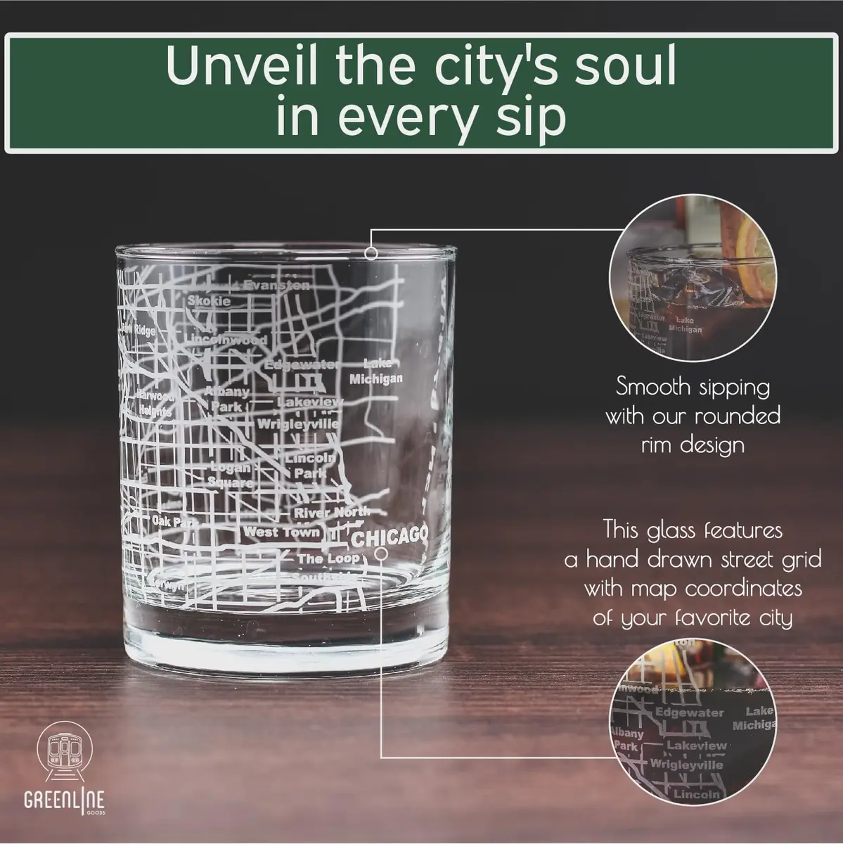 Greenline Goods Chicago Map Etched Whiskey Glass Set of 2 | 296ml (10 Fl Oz) Old Fashioned Rocks Glasses - view 4
