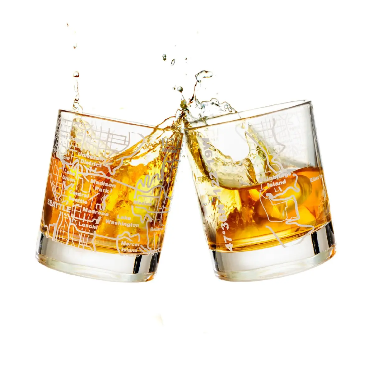 Greenline Goods Seattle Map Etched Whiskey Glasses - 355ml (12 Oz) Set of 2 | Heavy Base Old Fashioned Rocks Tumblers - main product image