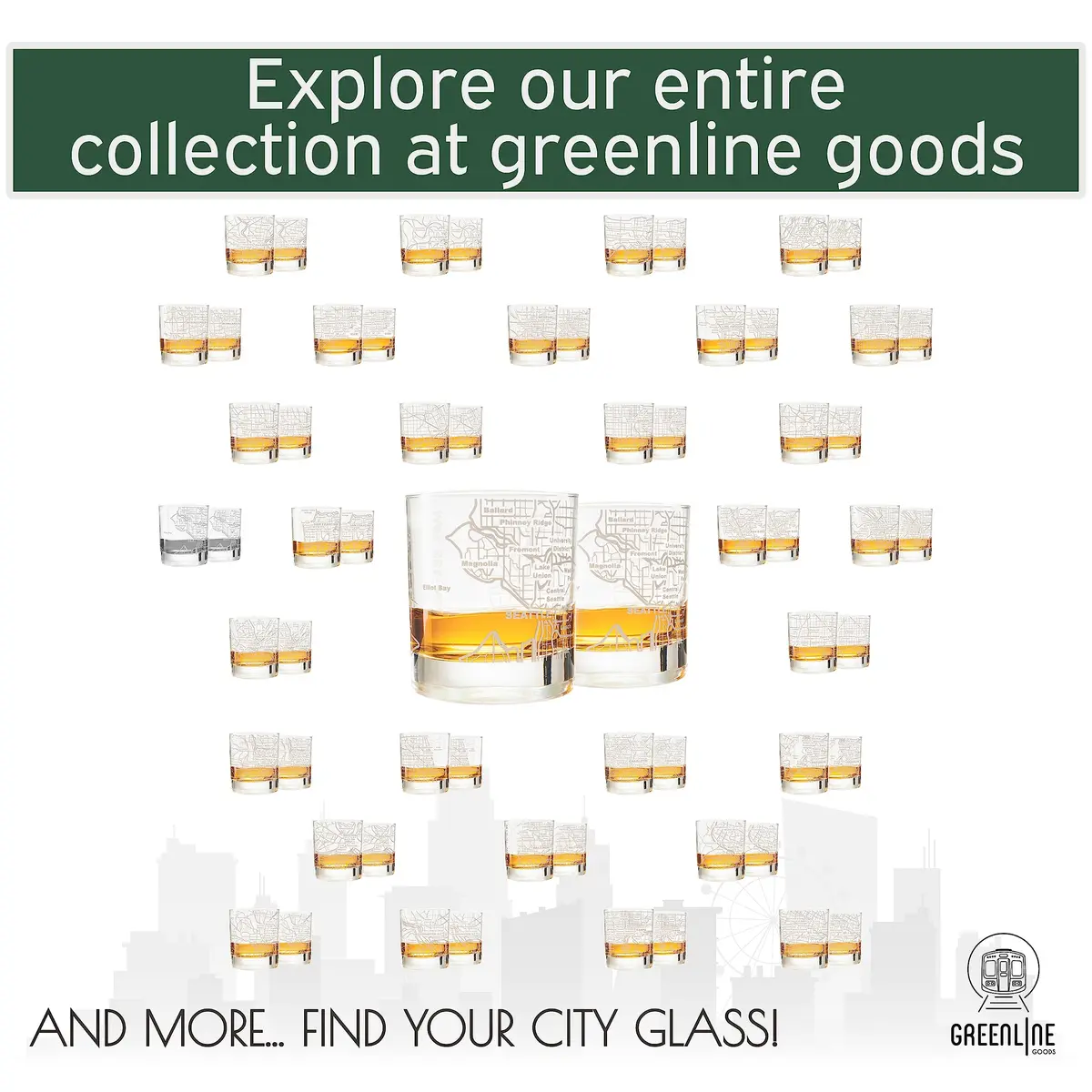 Greenline Goods Seattle Map Etched Whiskey Glasses - 355ml (12 Oz) Set of 2 | Heavy Base Old Fashioned Rocks Tumblers - view 6