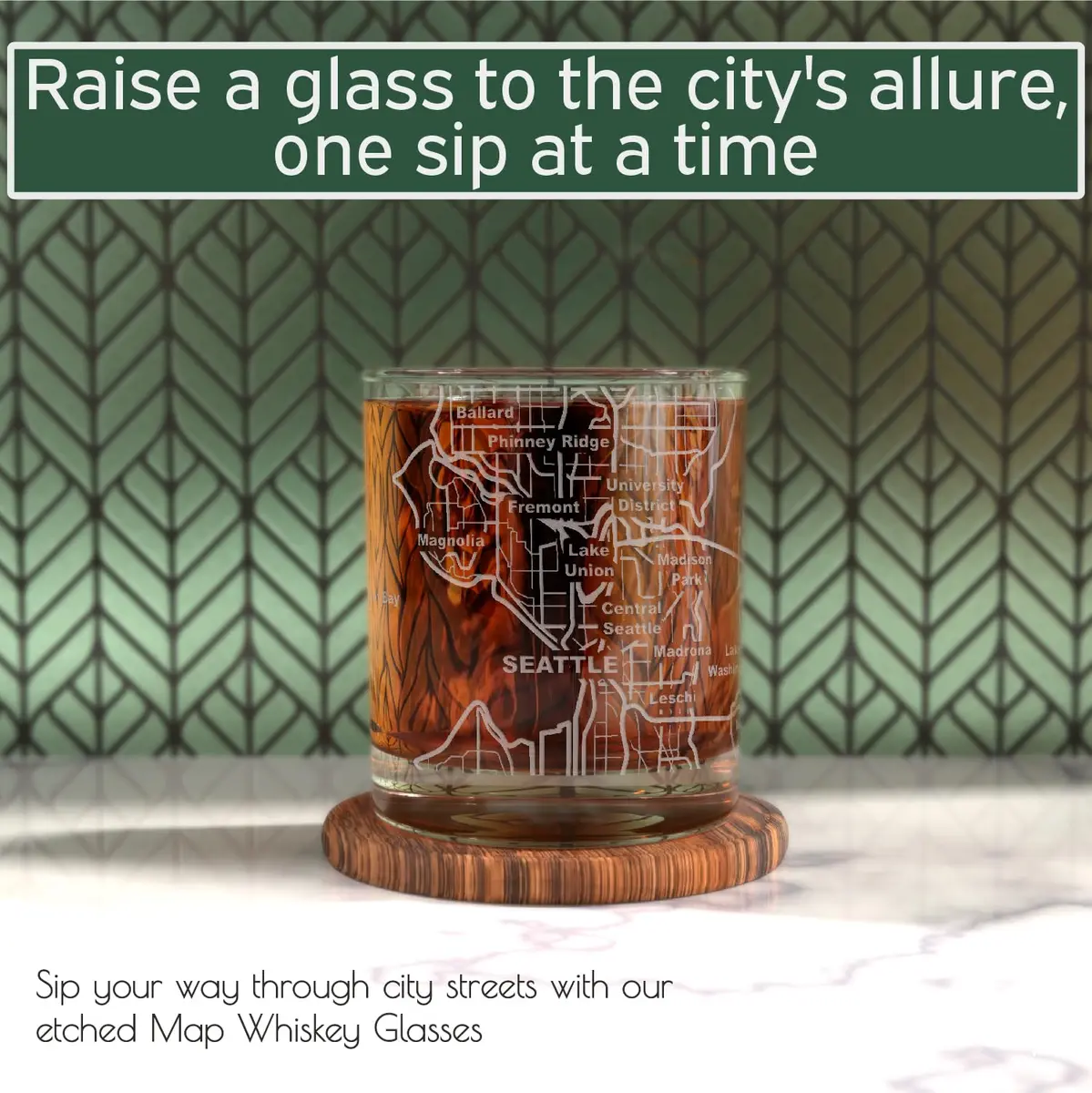 Greenline Goods Seattle Map Etched Whiskey Glasses - 355ml (12 Oz) Set of 2 | Heavy Base Old Fashioned Rocks Tumblers - view 2