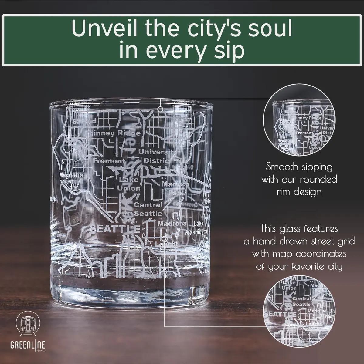 Greenline Goods Seattle Map Etched Whiskey Glasses - 355ml (12 Oz) Set of 2 | Heavy Base Old Fashioned Rocks Tumblers - view 4