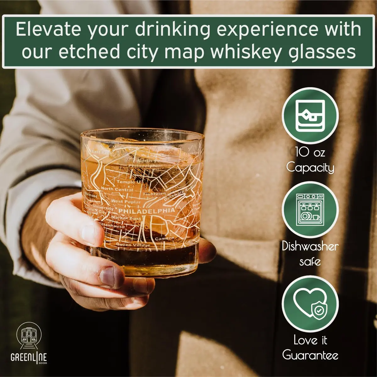 Greenline Goods Whiskey Glasses - 10 Oz Tumbler Gift Set for Philadelphia lovers | Etched with Philadelphia Map - view 5