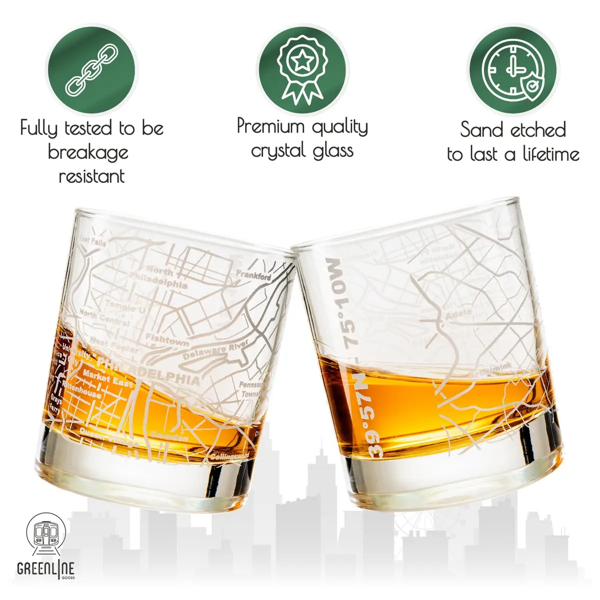 Greenline Goods Whiskey Glasses - 10 Oz Tumbler Gift Set for Philadelphia lovers | Etched with Philadelphia Map - view 3