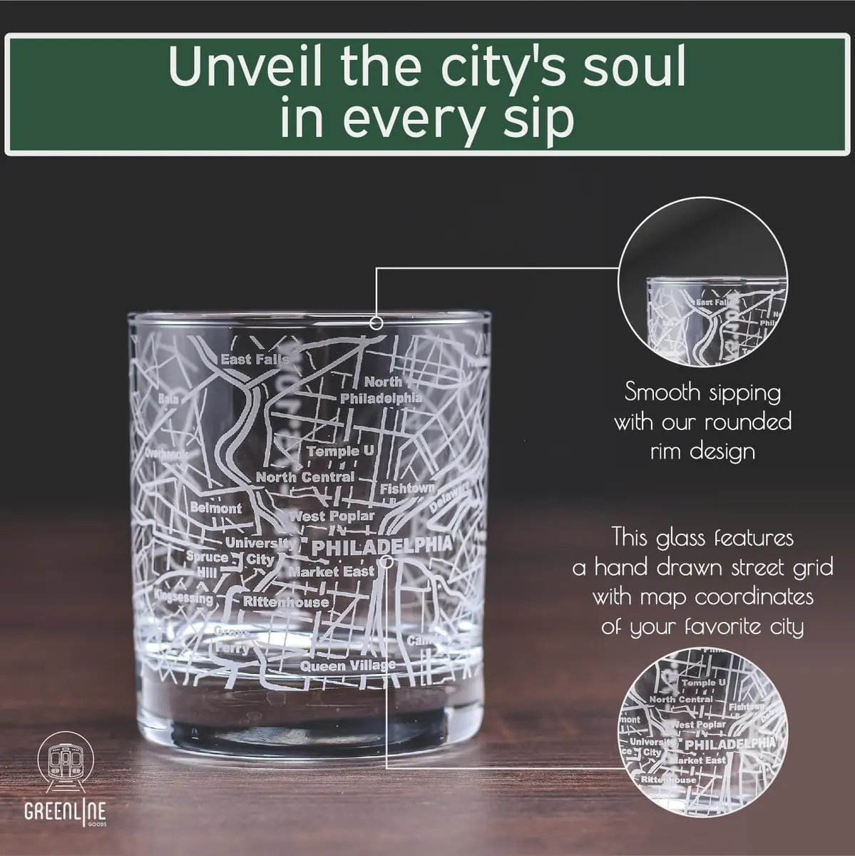 Greenline Goods Whiskey Glasses - 10 Oz Tumbler Gift Set for Philadelphia lovers | Etched with Philadelphia Map - view 4