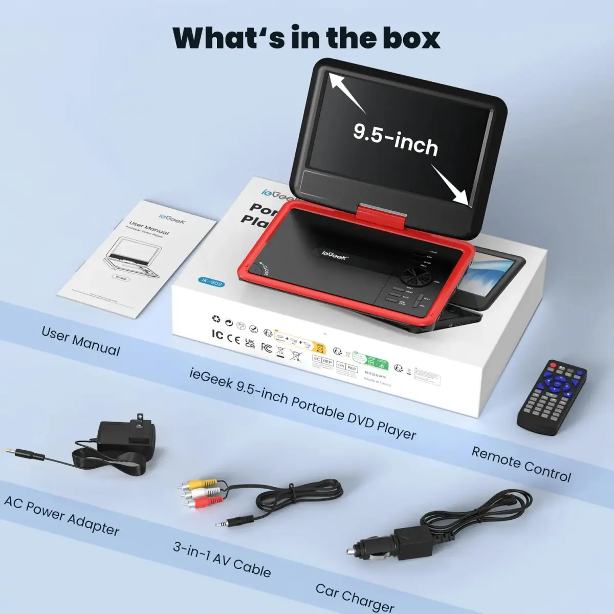 ieGeek 11.5" Portable DVD Player, 9.5" HD Screen, Red | 5-Hour Battery Life, USB/SD Playback, TV Sync - view 9