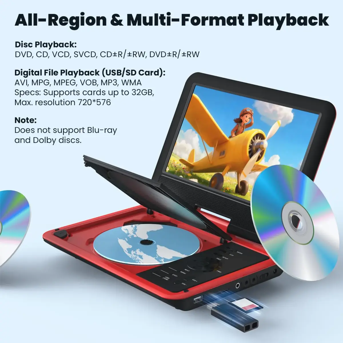 ieGeek 11.5" Portable DVD Player, 9.5" HD Screen, Red | 5-Hour Battery Life, USB/SD Playback, TV Sync - view 4