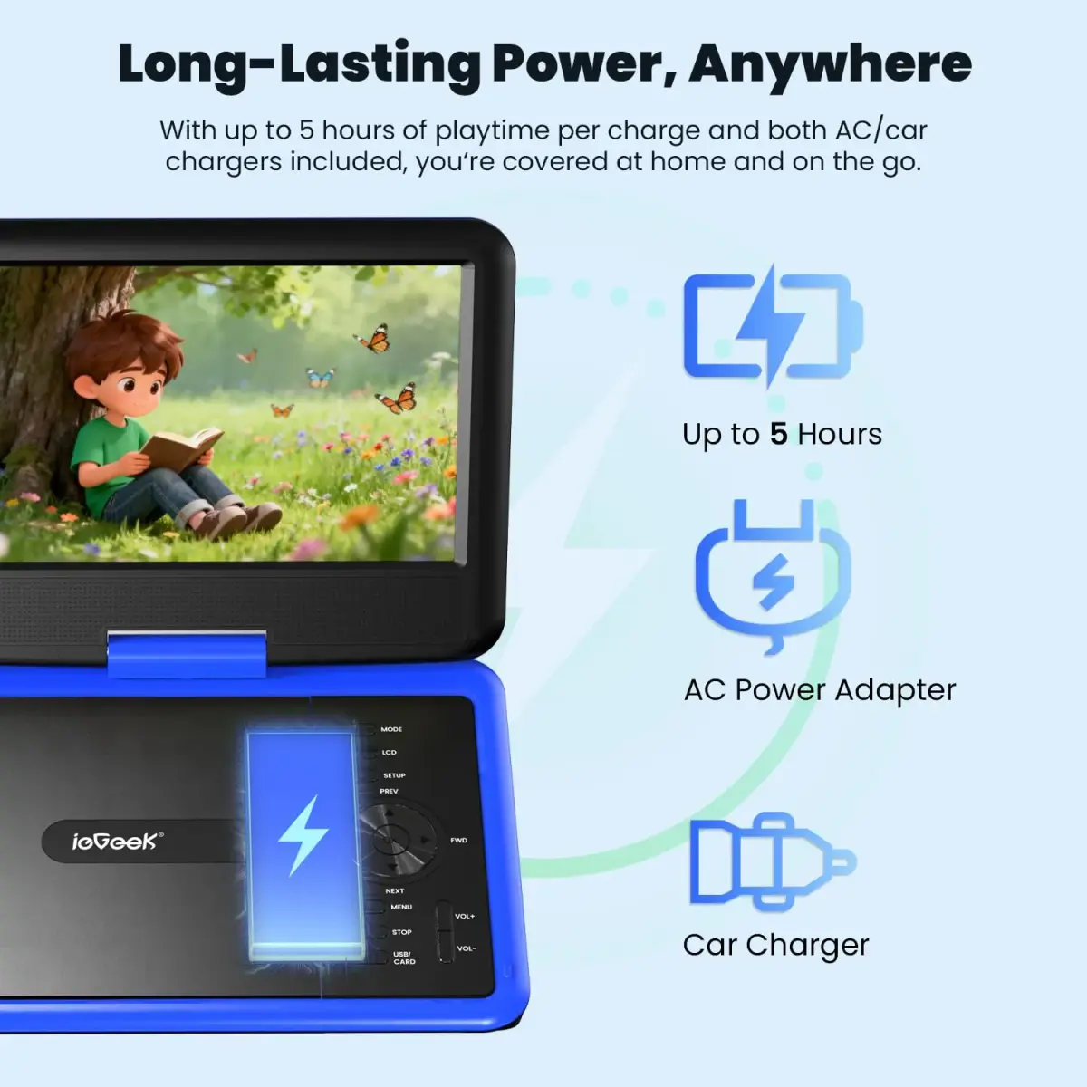ieGeek 11.5" Portable DVD Player with 9.5" HD Screen, 5-Hour Battery, Blue | Car Travel Entertainment - view 3