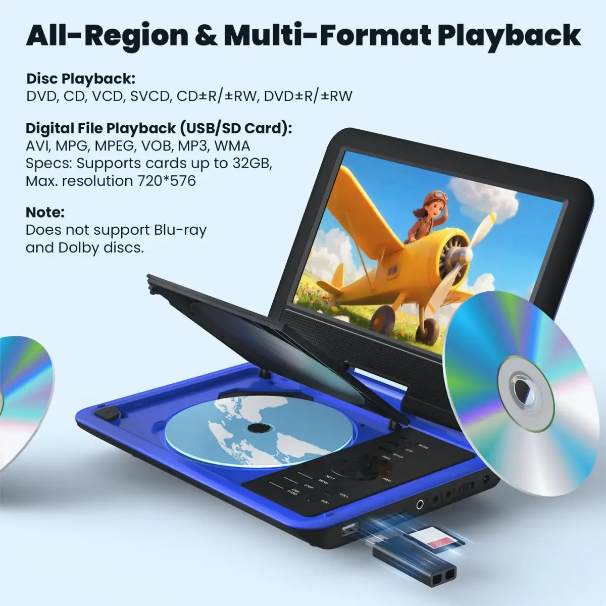 ieGeek 11.5" Portable DVD Player with 9.5" HD Screen, 5-Hour Battery, Blue | Car Travel Entertainment - view 4