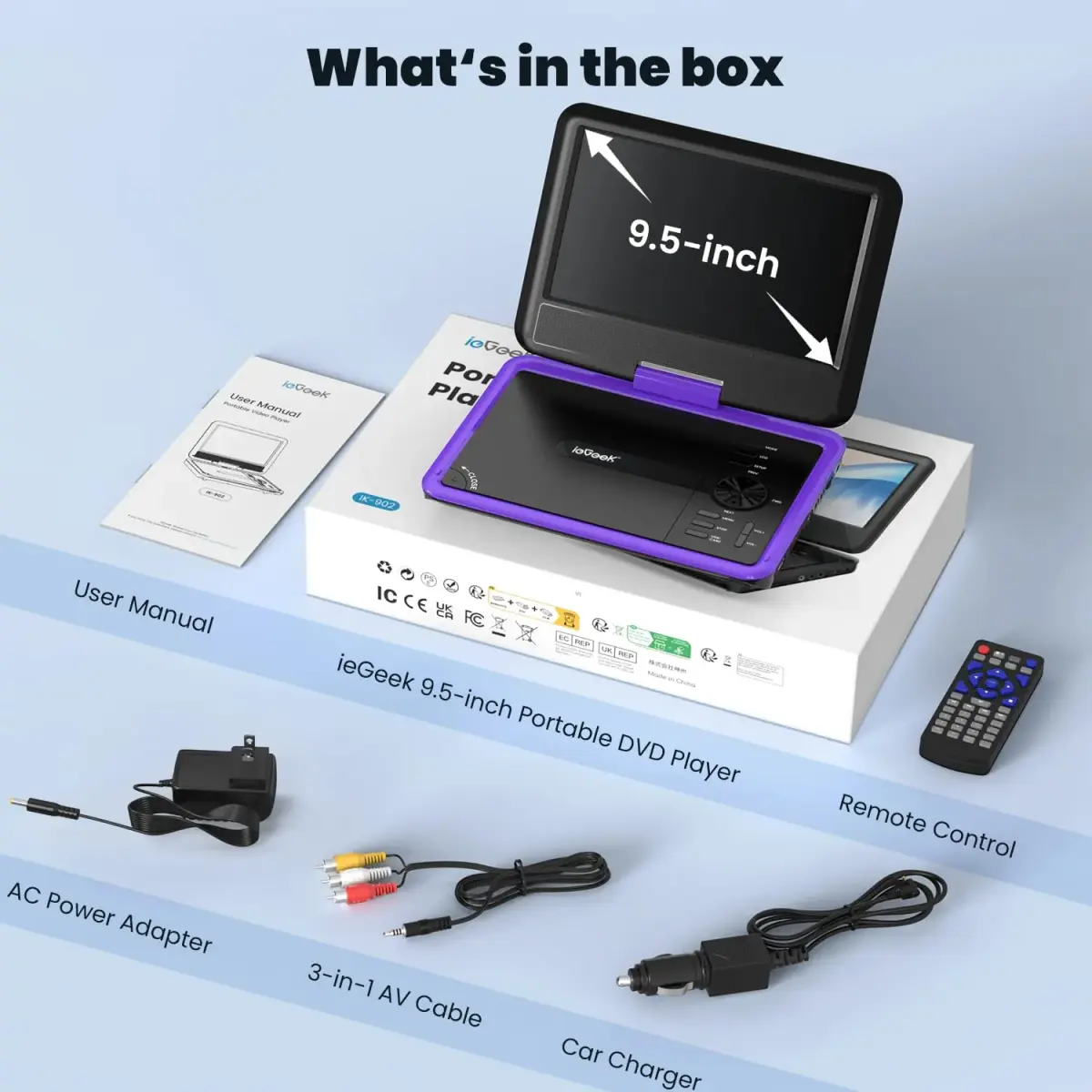 ieGeek 11.5" Portable DVD Player, 9.5" HD Screen, Purple | 5-Hour Battery, USB/SD Playback, TV Sync - view 9