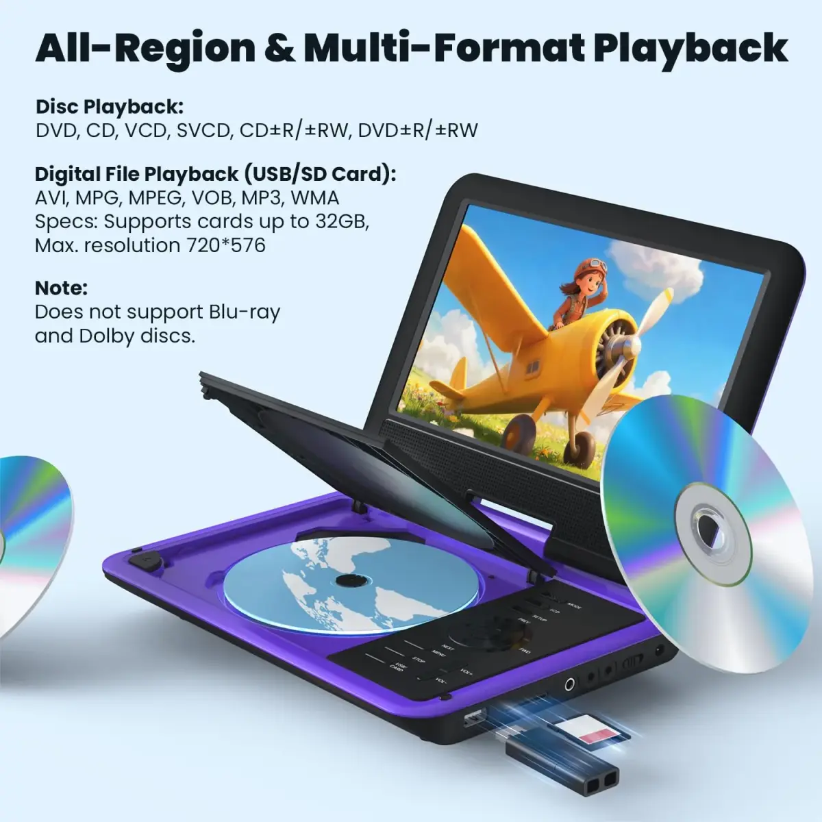 ieGeek 11.5" Portable DVD Player, 9.5" HD Screen, Purple | 5-Hour Battery, USB/SD Playback, TV Sync - view 4