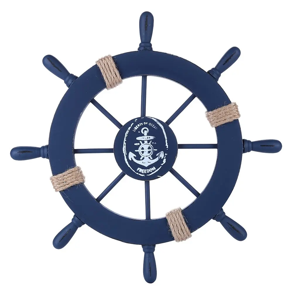 Rienar Wooden Ship Wheel Wall Decor 11" Navy Blue Nautical Anchor Beach Bathroom | Coastal Nautical Charm - main product image