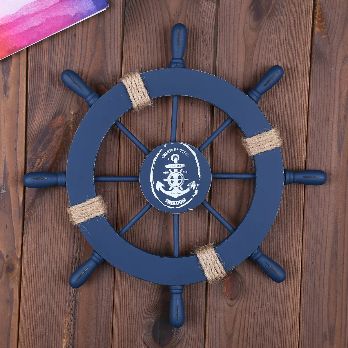Rienar Wooden Ship Wheel Wall Decor 11" Navy Blue Nautical Anchor Beach Bathroom | Coastal Nautical Charm - view 4