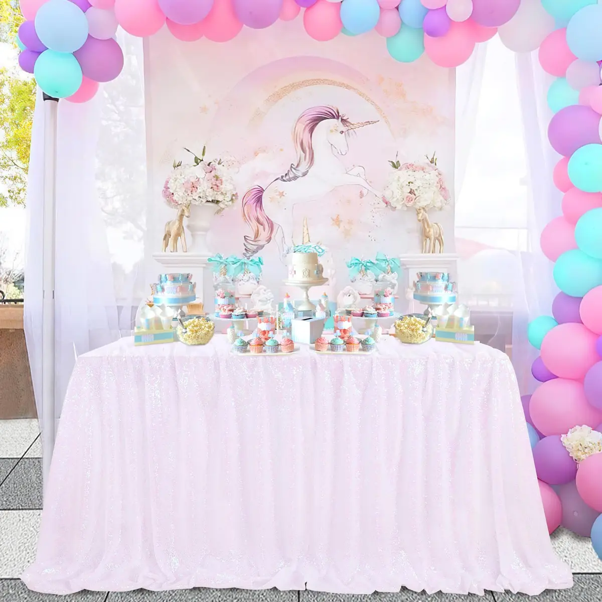 SoarDream Iridescent White Sequin Tablecloth 60"x102" Wedding Table Cloth | Elegant Sparkly Decor - main product image