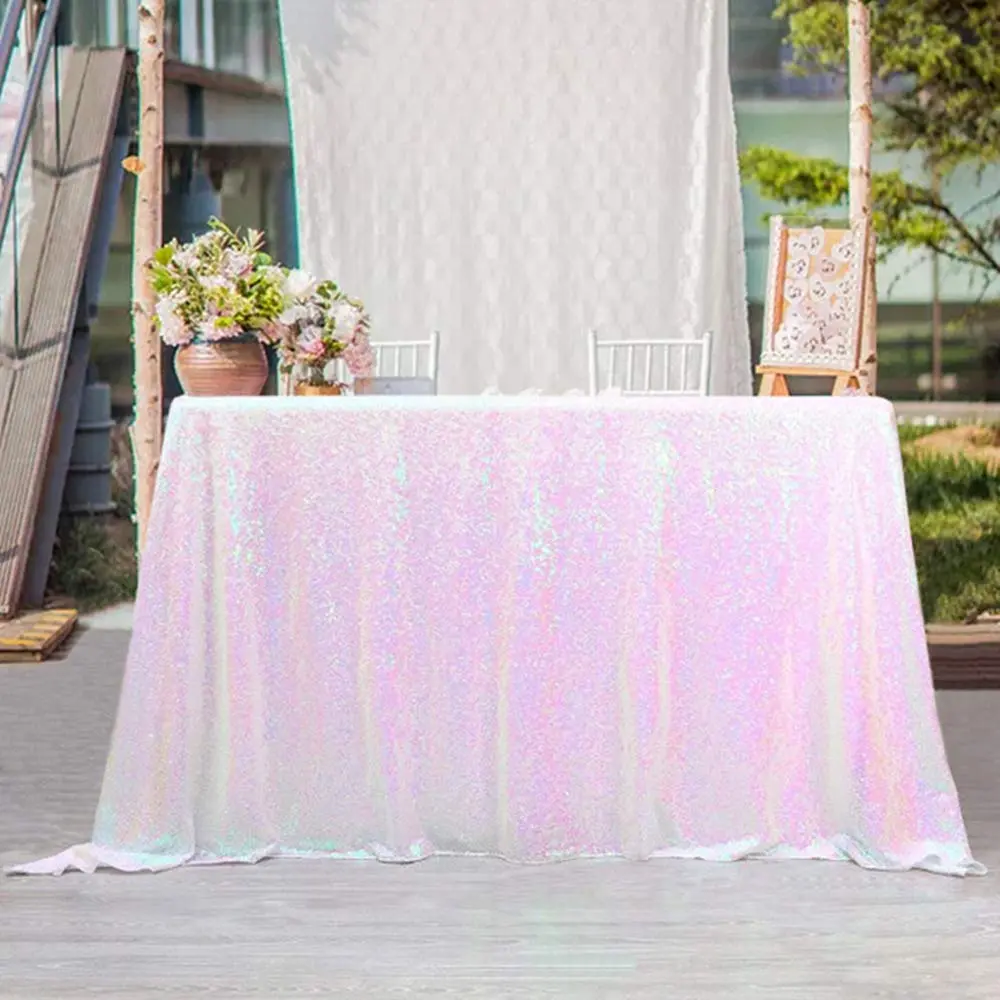 SoarDream Iridescent White Sequin Tablecloth 60"x102" Wedding Table Cloth | Elegant Sparkly Decor - view 8