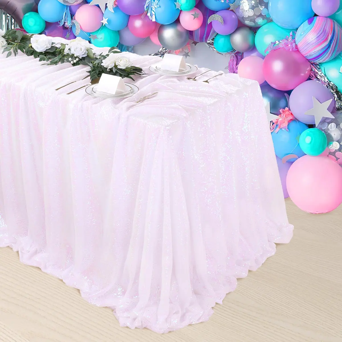SoarDream Iridescent White Sequin Tablecloth 60"x102" Wedding Table Cloth | Elegant Sparkly Decor - view 2