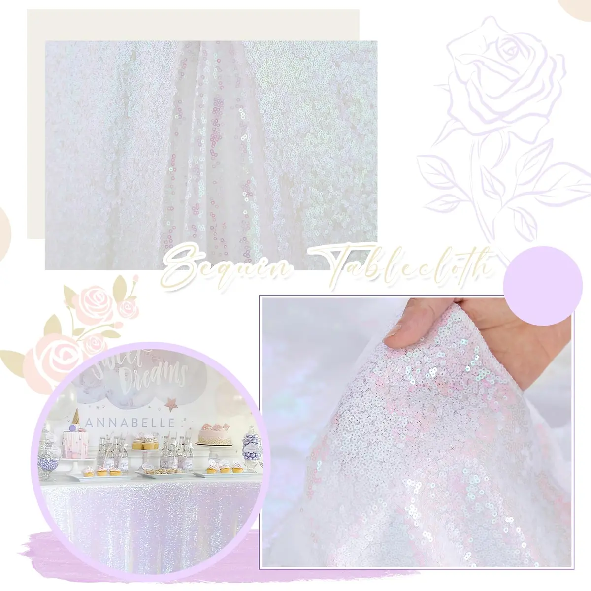 SoarDream Iridescent White Sequin Tablecloth 60"x102" Wedding Table Cloth | Elegant Sparkly Decor - view 3