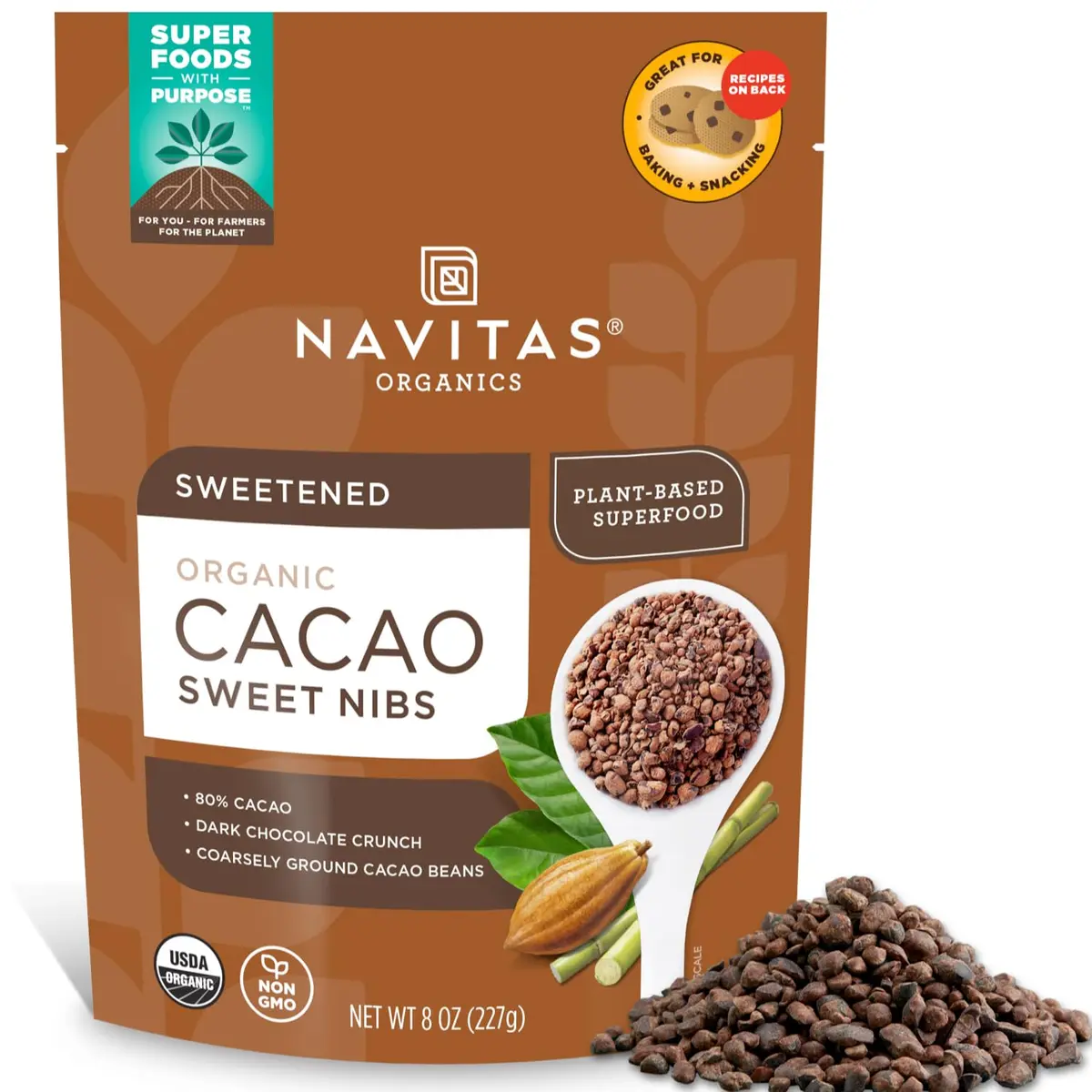 Navitas Organics Cacao Nibs – Sweetened Dark Chocolate Crunch | USDA Organic, Fairtrade, Non-GMO, Gluten-Free (8oz) - main product image