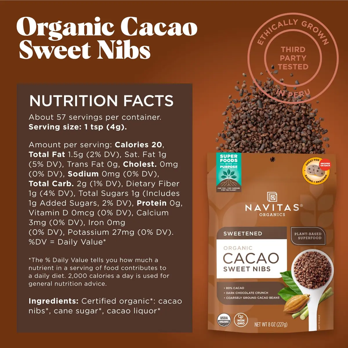 Navitas Organics Cacao Nibs – Sweetened Dark Chocolate Crunch | USDA Organic, Fairtrade, Non-GMO, Gluten-Free (8oz) - view 2