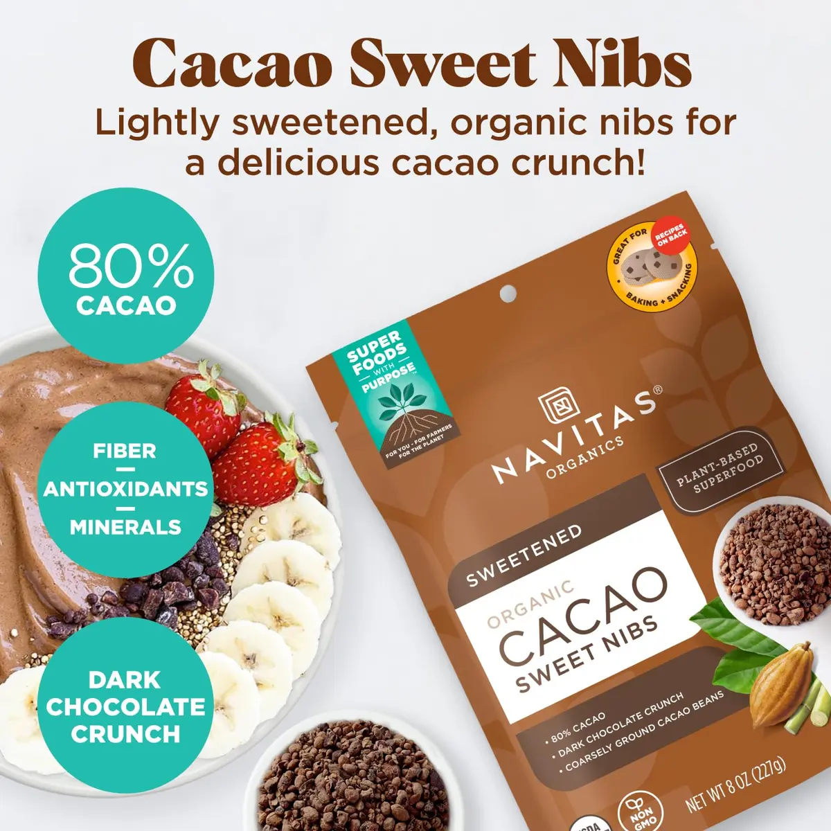 Navitas Organics Cacao Nibs – Sweetened Dark Chocolate Crunch | USDA Organic, Fairtrade, Non-GMO, Gluten-Free (8oz) - view 3
