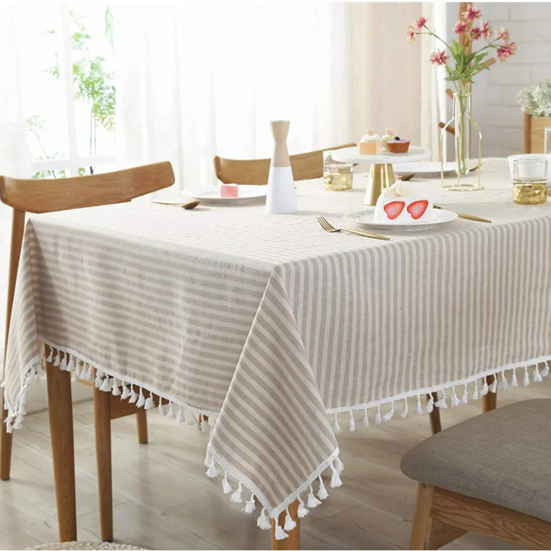 Bringsine Cotton Linen Tablecloth 55x55 Inch | Modern Stripe Tassel Design (70-120 chars) - main product image