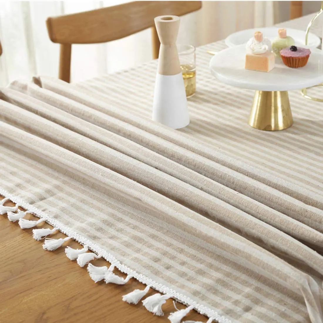 Bringsine Cotton Linen Tablecloth 55x55 Inch | Modern Stripe Tassel Design (70-120 chars) - view 5
