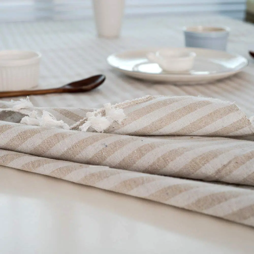 Bringsine Cotton Linen Tablecloth 55x55 Inch | Modern Stripe Tassel Design (70-120 chars) - view 6