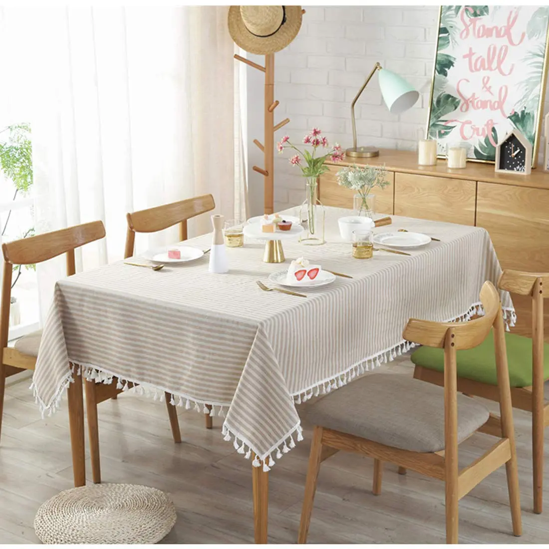 Bringsine Cotton Linen Tablecloth 55x55 Inch | Modern Stripe Tassel Design (70-120 chars) - view 2