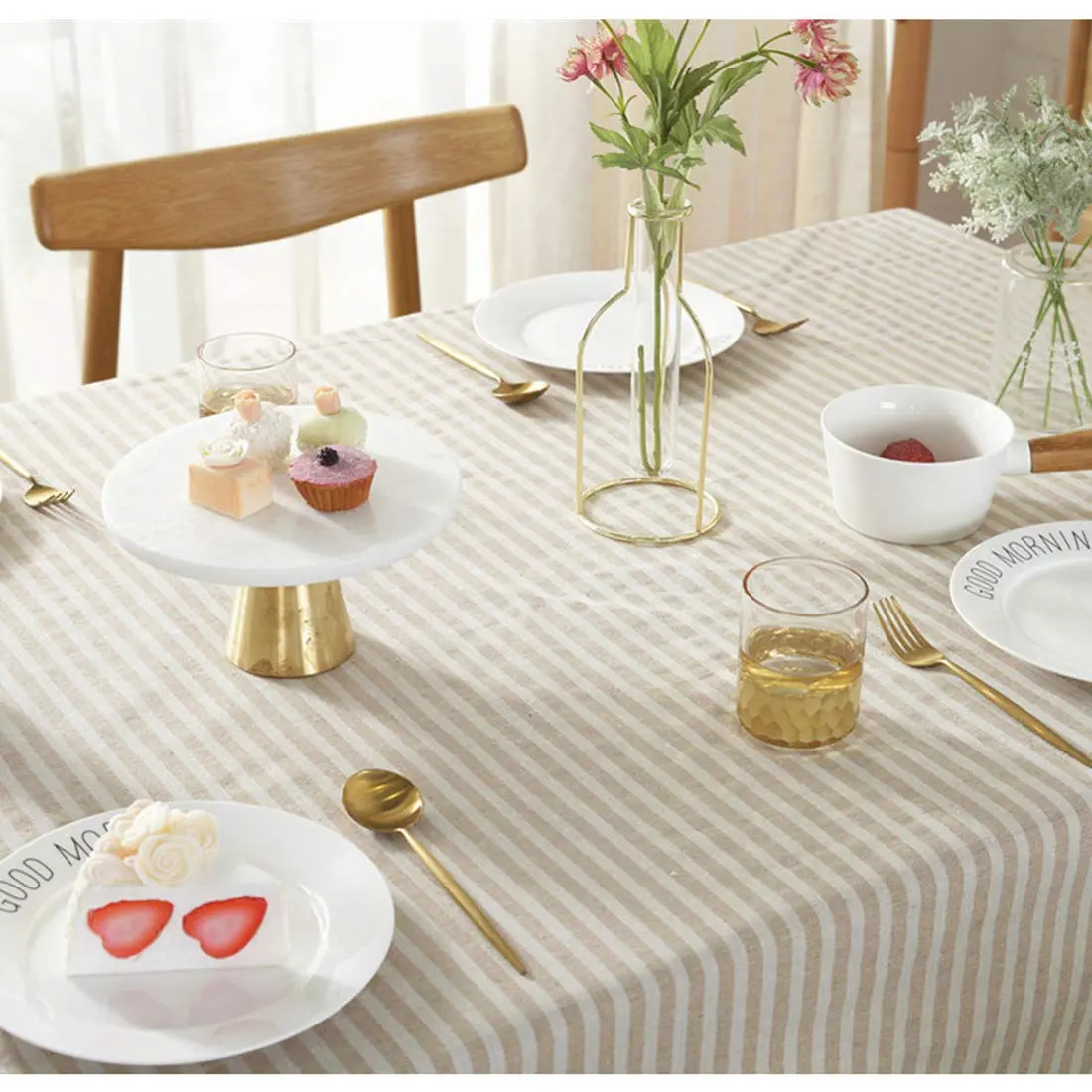 Bringsine Cotton Linen Tablecloth 55x55 Inch | Modern Stripe Tassel Design (70-120 chars) - view 3