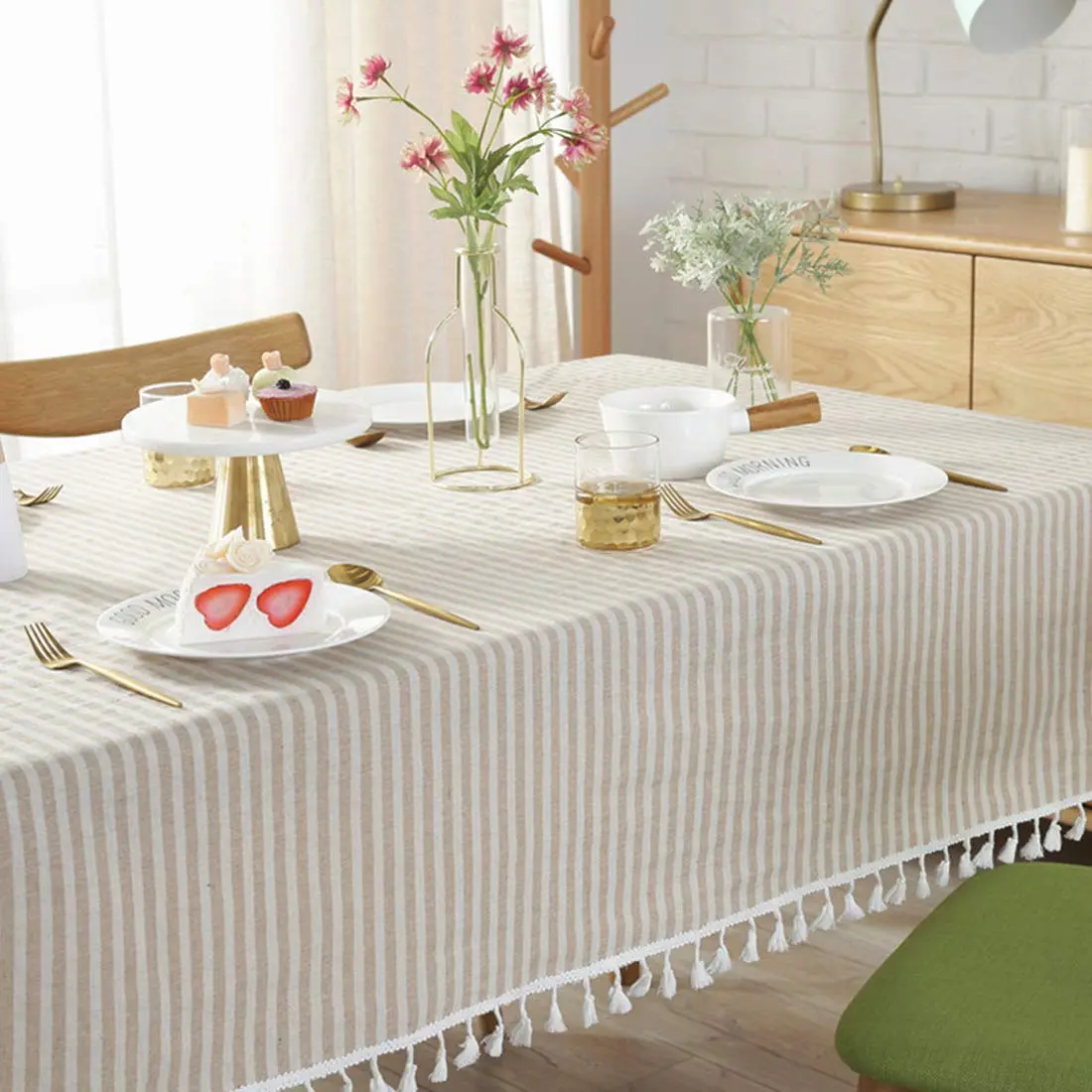 Bringsine Cotton Linen Tablecloth 55x55 Inch | Modern Stripe Tassel Design (70-120 chars) - view 4