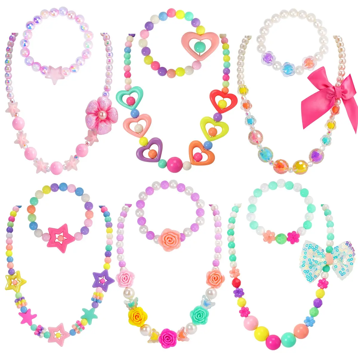 PinkSheep Kids Classic Jewelry Set | 6 Beaded Necklaces & Bracelets for Girls 3-8 - main product image