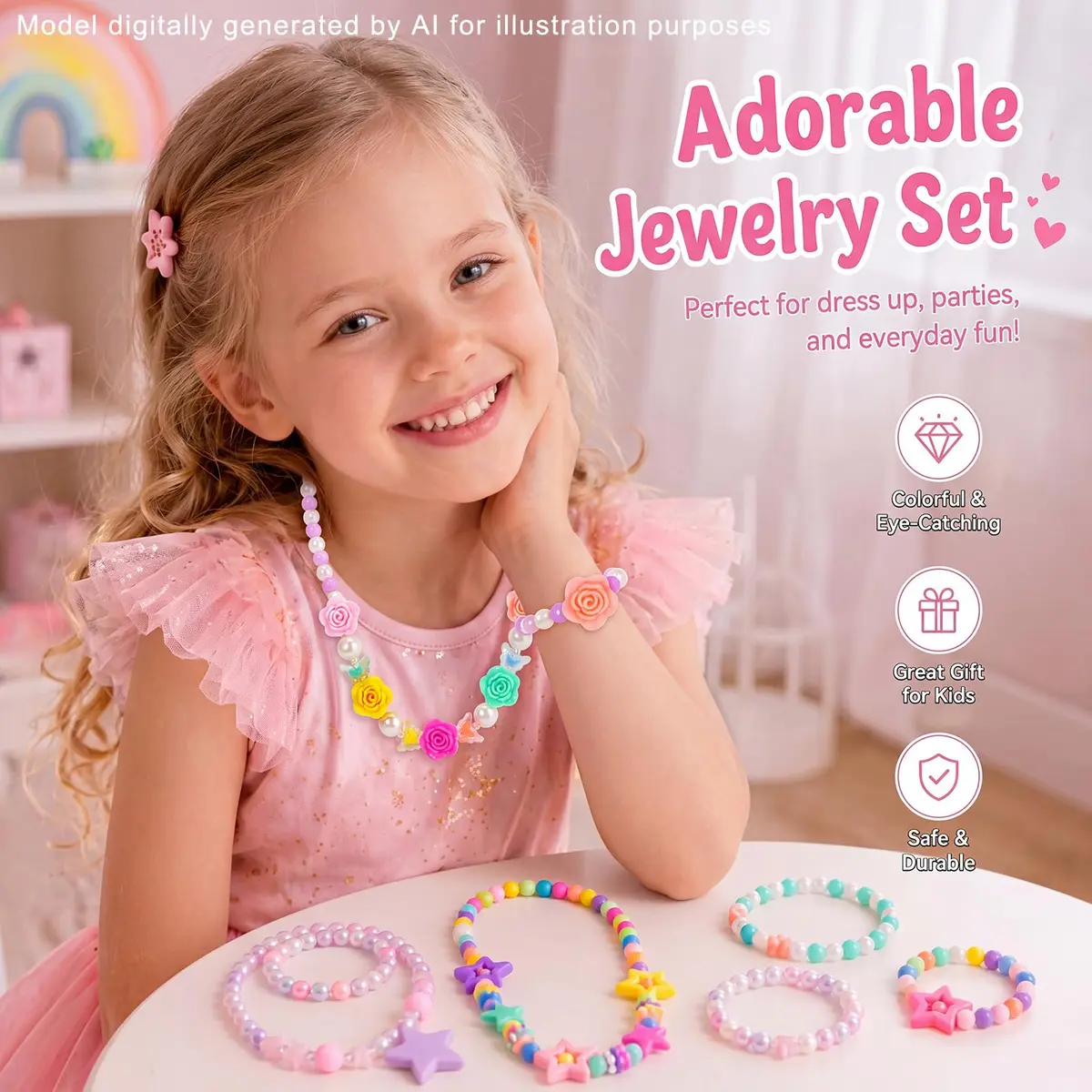 PinkSheep Kids Classic Jewelry Set | 6 Beaded Necklaces & Bracelets for Girls 3-8 - view 2