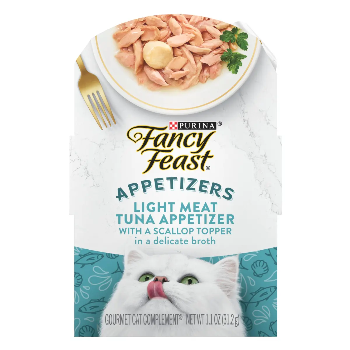Fancy Feast Appetizers Tuna with Scallop Topper Wet Cat Food 1.1 oz (31g) Pouches, 10-Pack | Real Tuna & Scallop Broth - main product image