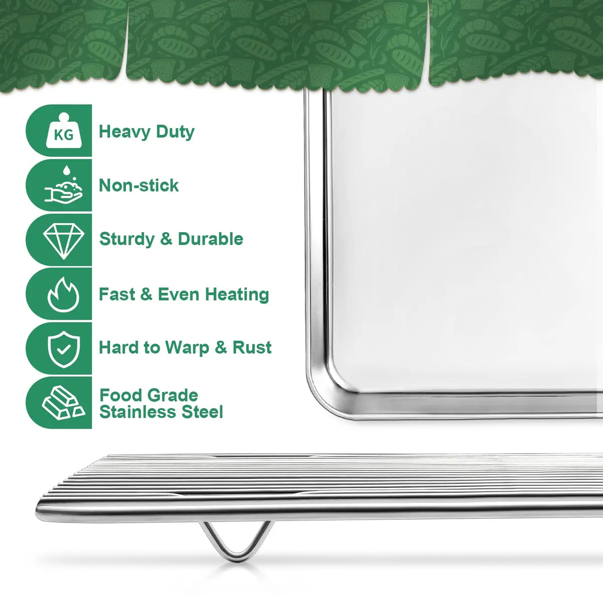 HKJ Chef Baking Sheet with Cooling Rack, 12.5x10x1 Inches, Stainless Steel, 2 Sets | Durable & Healthy - view 3