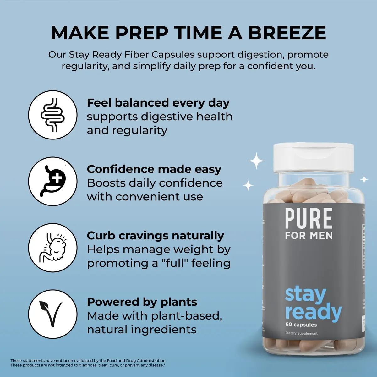 Pure for Men Stay Ready Fiber Supplement Psyllium Husk 60 Vegan Capsules | Supports Digestive Health & Regularity - view 4